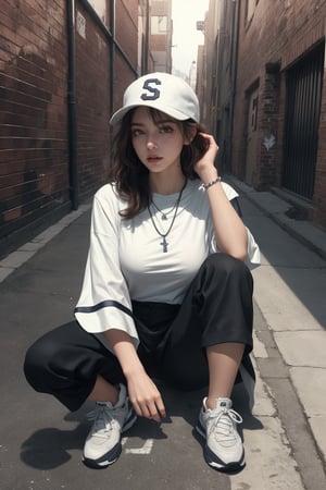 1girl, female_solo, brown hair, (medium breasts:1.2), sitting, full body, parted lips, front view, kelthy, wearing Oversized white button-down shirt with the sleeves rolled up, Baggy cargo pants with cuffed ankles, Graphic t-shirt peeking out from under the shirt, Baseball cap worn backwards with a bold logo and Layered necklaces with a mix of chains and pendants, Chunky sneakers with a vintage vibe, (Grunge-inspired alleyway with brick walls and graffiti art background