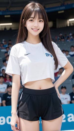 score_9, score_8_up, score_7_up, masterpiece, best quality, high resolution, 1 girl, solo, Korean girl, looking at viewer, upper body, reality, long hair, black hair, bangs, breasts, white T-shirt, black sports shorts, standing, smiling, in a crowded sports stadium,