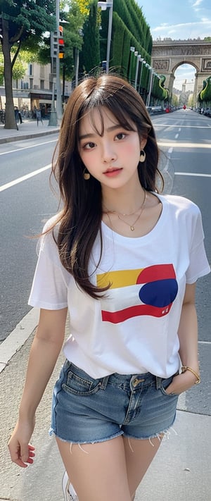 16-year-old Korean woman, long brown hairstyle, simple and fashionable colorful T-shirt and shorts, blue jeans and sneakers, white sneakers, walking on the Arc de Triomphe in France, background, smile, earrings, necklace, 150cm, ( Luan Mei), nice smile,