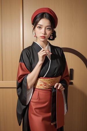 Create an image of a young Japanese woman in Taisho Roman fashion. She's wearing a vibrant kimono with a feather (yagasuri) pattern, paired with a hakama skirt in maroon. Her outfit is accessorized with Western-style boots and a large ribbon in her hair. She's also wearing pearl earrings and a beret hat. The hairstyle should feature finger waves or mimikakushi (ear-hiding style). ((The background should evoke the atmosphere of 1920s Japan)), blending traditional and modern elements.