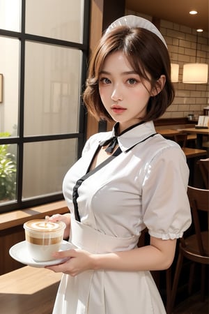 A professional photo of a Japanese idol with a breathtakingly glamorous ulzzang appearance. Her flawless porcelain skin enhances her delicate, anime-inspired features. short hair. (She is adorned with an exquisite maid outfit). Working as a waitress in a coffee shop, bring cakes and coffee to customer. The setting is carefully crafted to complement her enchantment, with soft, diffused lighting that accentuates her mesmerizing, glamorous presence.