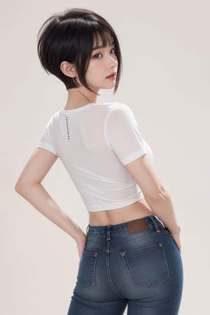 (Hinata Hyuga, muito sensual, com roupas apertadas, bunda grande, pernas grossas, Wearing extremely tight jeans, usando uma mini blusa, umbigo com pirsing, cabelo grande, Speaker behind, muito realista, extremamente sexy, 8k, 8k extremamente detalhado), (um extremamente delicado e bonito), (obra-prima), (melhor qualidade: 1.0), (ultra highres:1.0), ((hair style(Asymmetrical pixie cut hair. One side short, other side chin-length. Sleek, straight, side-parted. Modern, edgy style. with side-swept bangs,:1.3)),