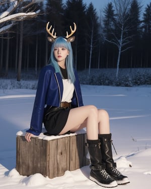 1girl, boots, solo, long_hair, antlers, sitting, white_footwear, blue_hair, belt, blue_eyes, bangs, glowing, cross-laced_footwear, long_sleeves, looking_away, thigh_strap, night, closed_mouth, horns, full_body, outdoors, deer, jacket, snow, tree, lips