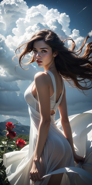 a beautiful woman looking at viewer.  In a transparent summer dress (blowing a rose), roses field, stars, (photorealistic), nebula background, exposure blending, bokeh, (hdr), (wind:1.5), ,wind, high contrast, cloud, cute teeth,1