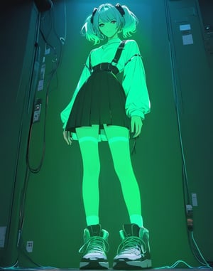 STICKER ON A WHITE BACKGROUND. green holographic silhouette, knee socks. I'm standing in a room with holograms. anime waifu. Stylish. Cute, hot, shiny. Highly detailed uhd anime wallpaper, cel digital animation

,neon photography style,ct-jeniiii,noir