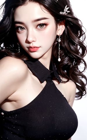 Masterpiece, best quality, official art, highly realistic, (masterpiece), (best quality), (1girl, most beautiful korean girl, Korean beauty model, stunningly beautiful girl, gorgeous girl, 20yo, over sized eyes, big eyes, smiling, looking at viewer), black big eyes, bangs, (powder blusher), shoulder length hair, yellow hair, flower hair clips, (blue sweater, shirt collar), small chest, pink shoulder bag, Upper body close-up with white background,Daofa Rune,Fashion Style, 