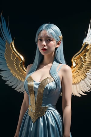 Cinematic shots of historical films, Long light blue hair, 16 year old girl, Dress with gold embellishments, long eyelashes, black wings, feathers , --ar 9:16 --v 6.1