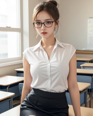 (The upper part of the body:1.2), 1girl, tmasterpiece, Better quality, ultra - detailed, illustratio, 10 year old blonde girl in school uniform, Girl in short skirt, finely detailed  eyes and detailed face) The clothes ar: , Tight white blouse, Vera, allure: with short black hair, Clean buns, Natural makeup, (黑The eye:1.5), White glasses, senos masivos, seductiv, maternal, at_The_vd_Office, looking at viewert, curvilíneo, voluptuous, full bodyesbian, Madam CEO, ( girl in uniform:1.1), Solo, Classroom Fund,