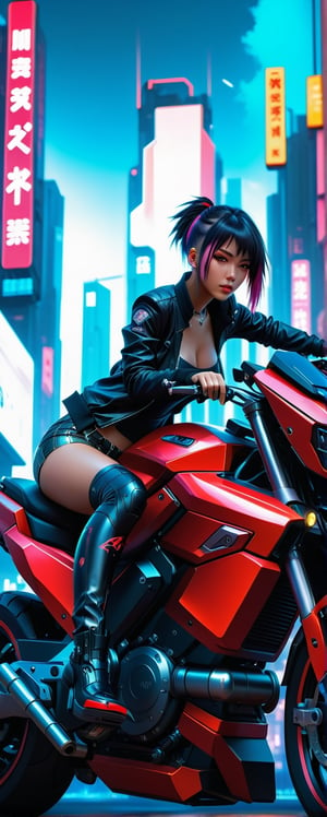 Masterpiece, Best quality, Photorealistic, Ultra-detailed, finedetail, high resolution, 8K wallpaper,  anime girl sitting on a red motorcycle in a city, sitting on cyberpunk motorbike, cyberpunk 2077 rossdraws, wojtek fus, ross tran style, ross tran 8 k, cyberpunk anime art, anime cyberpunk art, trending on cgstation, cyberpunk art style, digital cyberpunk anime art, artwork in the style of guweiz, in the style of ross tran