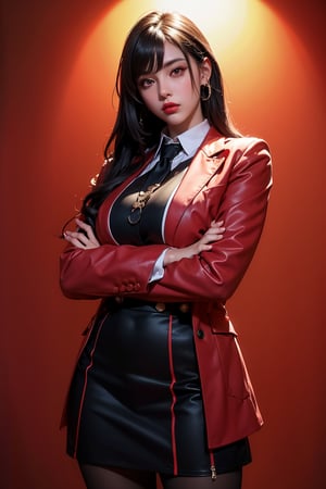 1girl, solo, long hair, breasts, looking at viewer, bangs, skirt, large breasts, shirt, black hair, red eyes, school uniform, jacket, white shirt, pantyhose, red heels, collared shirt, blunt bangs, lips, crossed arms, blazer, red background, red jacket, hime cut, red lips, The image is an artistic representation of a character, presented in a stylized manner with sharp lines and vivid colors. The character is depicted wearing a red blazer with black accents over a white shirt with a black tie. The blazer's design includes a lapel and a pocket on the left side. The character has long black hair, red eyes, and a serious expression. There are no background elements to describe as the focus is solely on the character. The image appears to be a digital illustration or a photograph of a figure designed to resemble a character from a story or game. (RAW Photo, Best Quality), (Real, Photo Real: 1.1), Best Quality, Masterpiece, Beauty and Aesthetics, 16K, (HDR: 1.2), High Contrast, (Vivid Colors: 1.3) , (soft colors, dull colors, soothing tones: 1.2), cinematic lighting, ambient light, side lighting, fine details and textures, cinematic lenses, warm colors, (bright and intense: 1.1), wide angle lenses, surreal illustrations, Siena's natural proportions, dynamic posture, precise anatomy of body and hands, four fingers and a thumb,