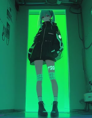 STICKER ON A WHITE BACKGROUND. green holographic silhouette, knee socks. I'm standing in a room with holograms. anime waifu. Stylish. Cute, hot, shiny. Highly detailed uhd anime wallpaper, cel digital animation

,neon photography style,ct-jeniiii,noir