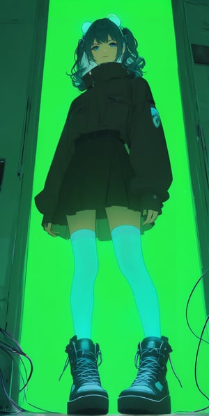 STICKER ON A WHITE BACKGROUND. green holographic silhouette, knee socks. I'm standing in a room with holograms. anime waifu. Stylish. Cute, hot, shiny. Highly detailed uhd anime wallpaper, cel digital animation

,neon photography style,ct-jeniiii,noir