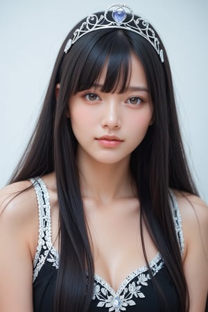 score_9,score_8_up,score_7_up,masterpiece, 1girl, 20 years old, 8k, hd, beautiful girl, black hair, long hair, blunt bang, straight hair, looking at viewer, front view, tiara,close-up of woman's face,detailed face, beautiful woman's face, shear dress, black background,