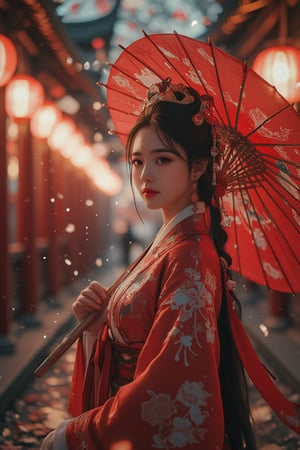 photorealism, (upper body), (portrait:1.2), KOLNB,Hanfu,Eroflo, a woman, beautiful face, red dress, japanese umbrella, bokeh, Chinese festival street, (nigh street:1.2), depth of field, columns, temple, lanterns.
Best quality, uhd, 8k, hyper detailed,Ahri