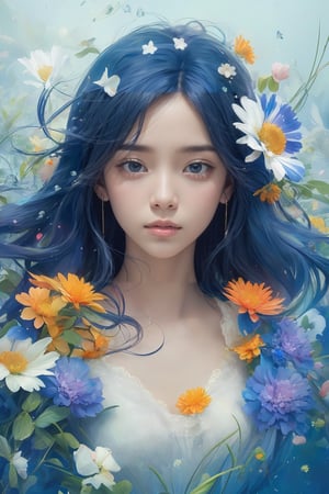 A captivating digital art portrait of a young woman surrounded by a vibrant array of flowers. Her wavy, dark blue hair frames her face, blending seamlessly with the floral elements around her. The flowers, in shades of orange, blue, and white, create a striking contrast against her pale skin. She gazes directly at the viewer with an intense, almost ethereal expression. The intricate details of the petals and leaves intertwine with her hair, giving the impression that she is one with nature. The overall composition is both delicate and dramatic, evoking a sense of mystery and enchantment,