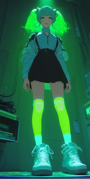 STICKER ON A WHITE BACKGROUND. green holographic silhouette, knee socks. I'm standing in a room with holograms. anime waifu. Stylish. Cute, hot, shiny. Highly detailed uhd anime wallpaper, cel digital animation

,neon photography style,ct-jeniiii,noir