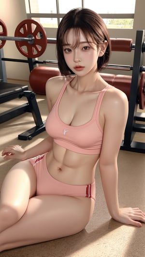 Highly detailed CG Unity 8k wallpaper, top quality, super detailed, masterpiece, realistic, photo realistic, very detailed cute girl, 25 years old, Muscle, abs, round eyes, viewer, blush, parted lips, full body shot , sportswear , gym, short hair,Ahyoung,Sohwa