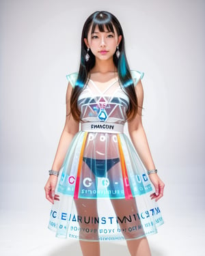 transparent color PVC clothing, transparent color vinyl clothing, prismatic, holographic, chromatic aberration, fashion illustration, masterpiece, girl with harajuku fashion, looking at viewer, 8k, ultra detailed, pixiv