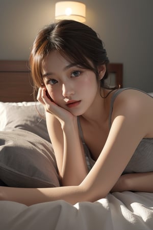 young Japanese woman, lying on bed, cozy intimate setting, loose gray camisole, sheer black skirt, ruffled edges, relaxed pose, curled on side, head on pillow, soft warm lighting, gentle glow on face, serene atmosphere, simple bedroom background, neutral tones, calm mood, peaceful, contemplative