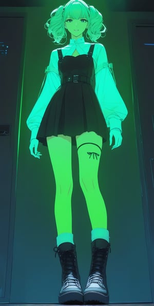 STICKER ON A WHITE BACKGROUND. green holographic silhouette, knee socks. I'm standing in a room with holograms. anime waifu. Stylish. Cute, hot, shiny. Highly detailed uhd anime wallpaper, cel digital animation

,neon photography style,ct-jeniiii,noir