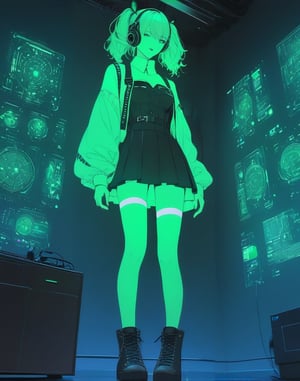 STICKER ON A WHITE BACKGROUND. green holographic silhouette, knee socks. I'm standing in a room with holograms. anime waifu. Stylish. Cute, hot, shiny. Highly detailed uhd anime wallpaper, cel digital animation

,neon photography style,ct-jeniiii,noir