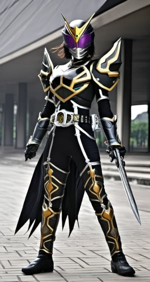 Kamen rider style, (1girl kamen rider style), Mysterious Warrior Kamen Knight, wearing dark armor and holding the Thunder Sword, the embodiment of justice, guarding the peace of the city. Brave and fearless, gallop on the battlefield, crack the evil plot, uncover the veil of truth.,kamen rider style