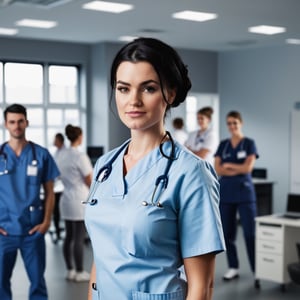 A Young beautiful woman nurse in his 20s name Merry, character standing in office enviroment.  black hair, confident . There are some more nurses in the background working and talking. blur background mid shot 50mm lense .Ultra HD, detailed face, high quality, photorealism, 4k ar--16:9,photorealistic