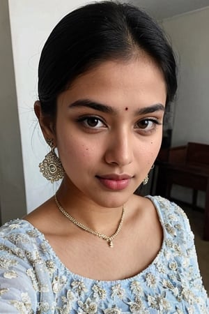 Charming young busty Indian girl with a delightful appearance, captivating light blue eyes, and a stunning 22-year-old actress. She possesses a charming look with long, black hair, showcasing her cultural identity with a bindi on her forehead and click selfie with own mobile phone.