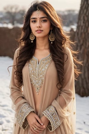 lovely cute young attractive indian girl, brown eyes, gorgeous actress, 23 years old, cute, an Instagram model, long blonde_hair, colorful hair, winter, Indian, wearing salwar-kameez and dupatta,Realistic