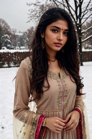 lovely cute young attractive indian girl, brown eyes, gorgeous actress, 23 years old, cute, an Instagram model, long blonde_hair, colorful hair, winter, Indian, wearing salwar-kameez and dupatta,Realistic