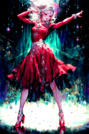 beautiful dancer in the middle of a dance, dynamic dance pose, flowing dress, iridescent red dress, masterpiece, sparkles, silver accessories, long hair, full_body_portrait,1girl,watercolor,nijistyle