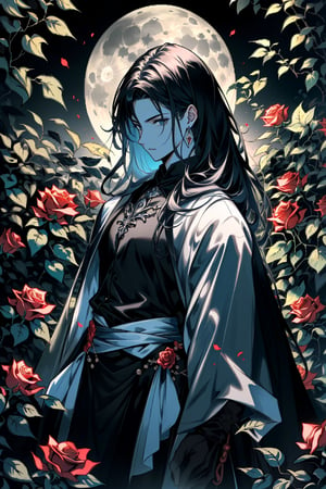 beautiful long black-haired man in a garden of red roses, gothic, anime style, beautiful background, detailed, moonlight