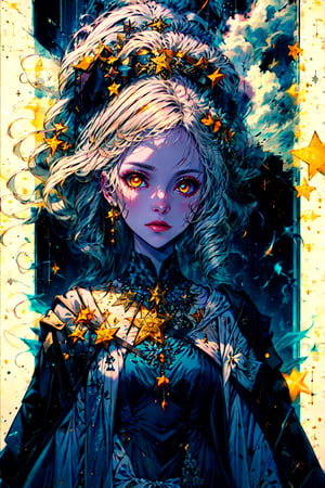 gorgeous enchantress conjuring spells, white magic, silver hair, glowing eyes, beautiful woman, beautiful face, masterpice, yellow stars, sky full of stars and clouds, long dress intricately detailedface,