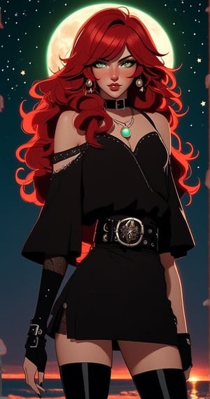 1girl, solo, long red hair, looking at viewer, bangs, simple background, elaborate gothic outfit, bare shoulders, jewelry, closed mouth, curly hair, earrings, blunt bangs, light green eyes, lips,  black nails, black belt, red lips, thigh high boots, background of the full moon and starry sky, northern lights,