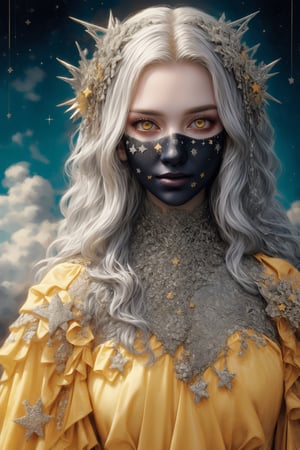 gorgeous enchantress conjuring spells, white magic, silver hair, glowing eyes, beautiful woman, beautiful face, masterpice, yellow stars, sky full of stars and clouds, long dress intricately detailed,covered face,girl,pastelbg