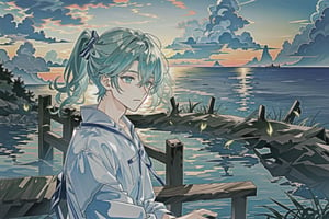 a cute anime guy sitting at the dock of the bay, scenic view, calm sea, sunset,1boy,firefliesfireflies,Futuristic room,DonMW15p,CLOUD,green theme,1 girl,pastel,blacklight,kawaii,watercolor,neon,colorfulmix