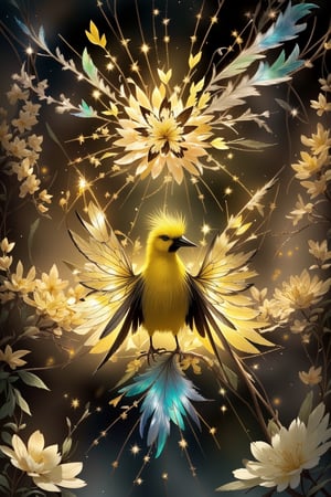 a cute yellow bird, bird made of crystals, iridescent feathers made of small glasses, detailed, best quality, standing on a small branch, spring flowers in bloom, sunlight, warm colors,firefliesfireflies,YAMATO,nodf_lora