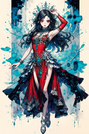 beautiful dancer in the middle of a dance, dynamic dance pose, flowing dress, iridescent red dress, masterpiece, sparkles, silver accessories, long hair, full_body_portrait,1girl,watercolor
