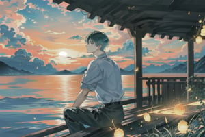 a cute anime guy sitting at the dock of the bay, scenic view, calm sea, sunset,1boy,firefliesfireflies,Futuristic room,DonMW15p,CLOUD,green theme,1 girl,pastel,blacklight
