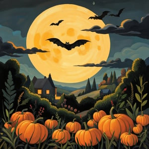 (Tove Jansson illustration Art:1.2), dark black silhouette of a bat flying in front of a huge full moon above a pumpkin patch, masterpiece artwork, dynamic composition,