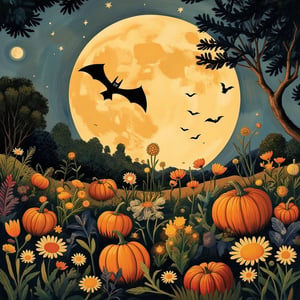 (Tove Jansson illustration Art:1.2), dark black silhouette of a bat flying in front of a huge full moon above a pumpkin patch, masterpiece artwork, dynamic composition,