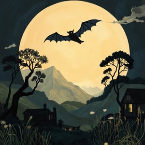 (Tove Jansson illustration Art:1.2), dark black silhouette of a bat flying in front of a huge full moon, masterpiece artwork, dynamic composition,