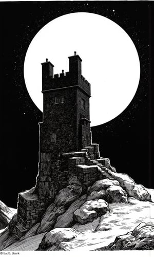 monochrome black and white ink style drawing of a black featureless silhouette of a crooked medieval stone tower against a giant full moon rising in a dark sky, masterpiece artwork, intricate detail, dynamic composition,CharlesDG