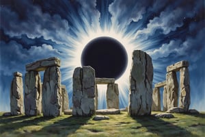 J. Barrick watercolor style painting of stonehenge in the eerie darkness of a total solar eclipse, masterpiece artwork, intricate detail, dynamic composition