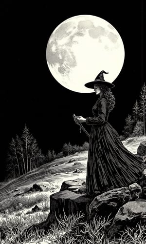 monochrome black and white ink style drawing of a dark silhouette of a witch against a giant full moon rising in a black sky, masterpiece artwork, intricate detail, dynamic composition,CharlesDG