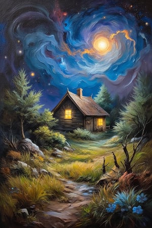 (impressionist painting:1.3), a cozy cottage sits surrounded by a desolate wilderness, there is a warm glow in the windows and whispy smoke rises from the chimney, a supernova blazes in the sky above, dark cosmic background, visible brushstrokes, masterpiece artwork, dynamic composition, beautiful lighting