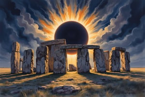 J. Barrick watercolor style painting of stonehenge in the eerie darkness of a total solar eclipse, masterpiece artwork, intricate detail, dynamic composition