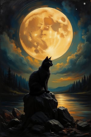 A dark oil painting, the silhouette of a black cat sitting on a headstone in front of a giant full moon, masterpiece artwork by rembrandt, bierstadt, dynamic composition, beautiful lighting, ilaian_maestro, donmp41n717bl4ckfx 