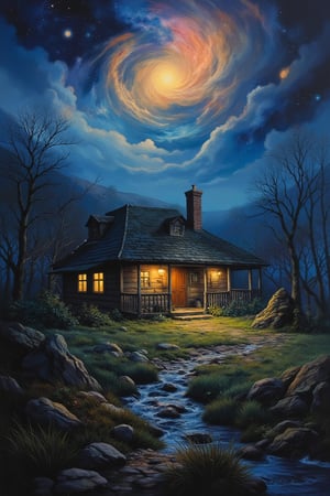 a cozy cottage sits surrounded by a desolate wilderness, there is a warm glow in the windows and whispy smoke rises from the chimney, a supernova blazes in the sky above, dark cosmic background, masterpiece artwork, dynamic composition, beautiful lighting, sharp focus, crisp quality, intricate detail, DonM3l3m3nt4lFX