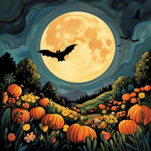 (Tove Jansson illustration Art:1.2), dark black silhouette of a bat flying in front of a huge full moon above a pumpkin patch, masterpiece artwork, dynamic composition,